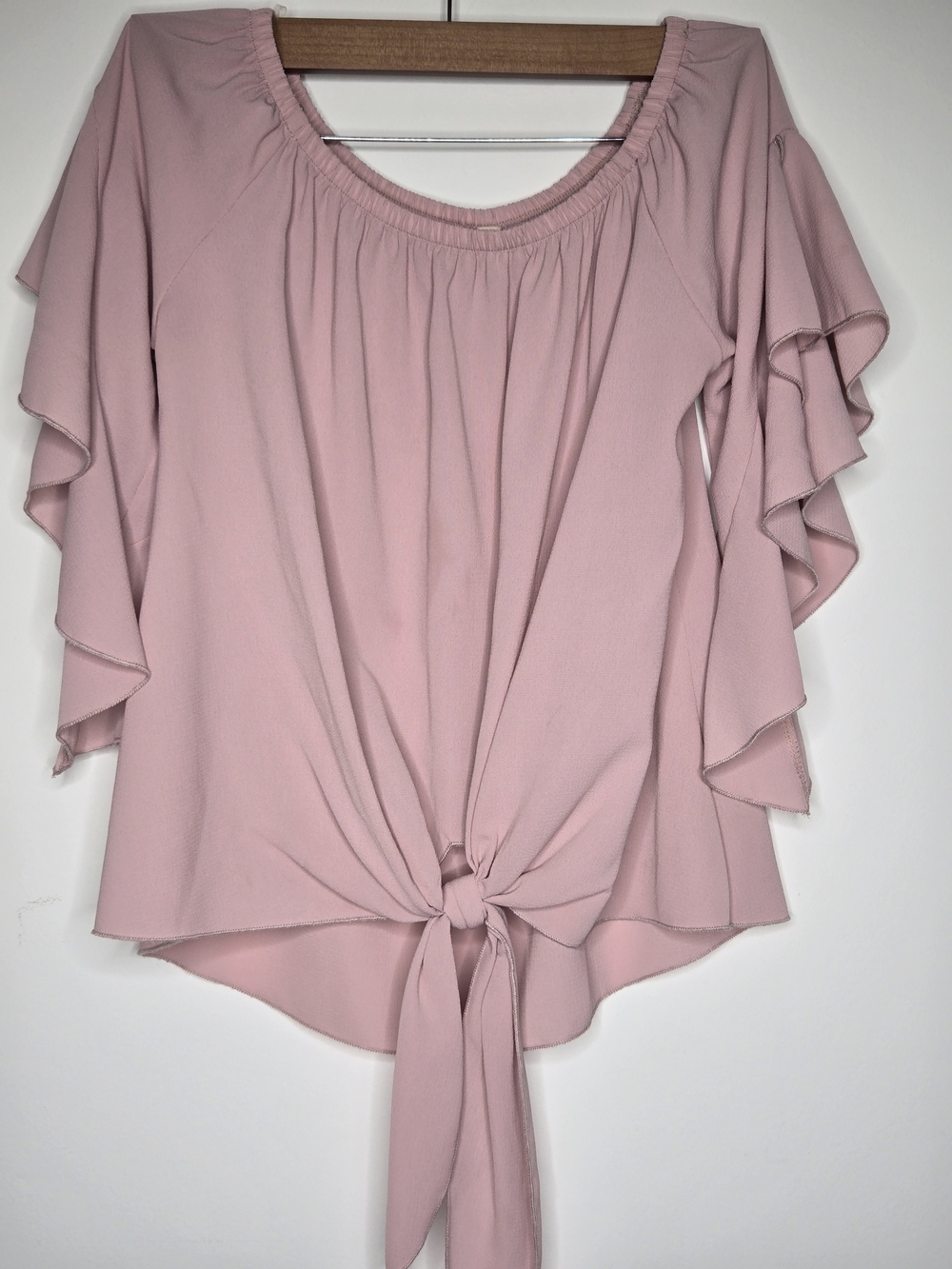 Pink Off The Shoulder Blouse Cascading Ruffle Sleeve Tie Front Dusty Rose - S - Picture 2 of 10